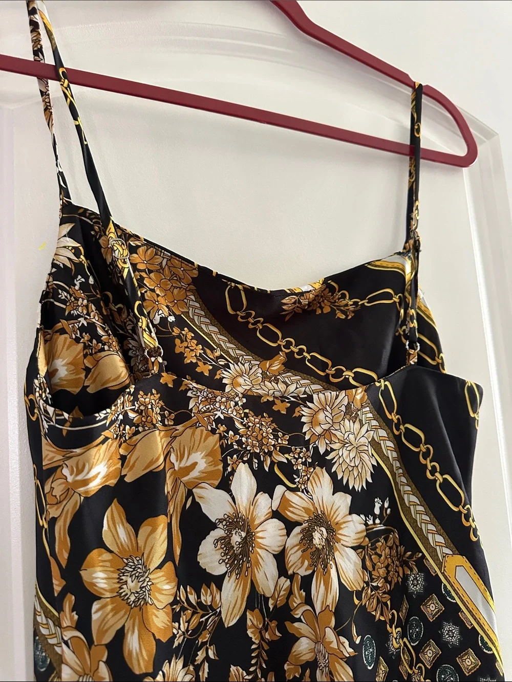 Princess Polly Black Satin Cami with Gold Floral & Chain Print